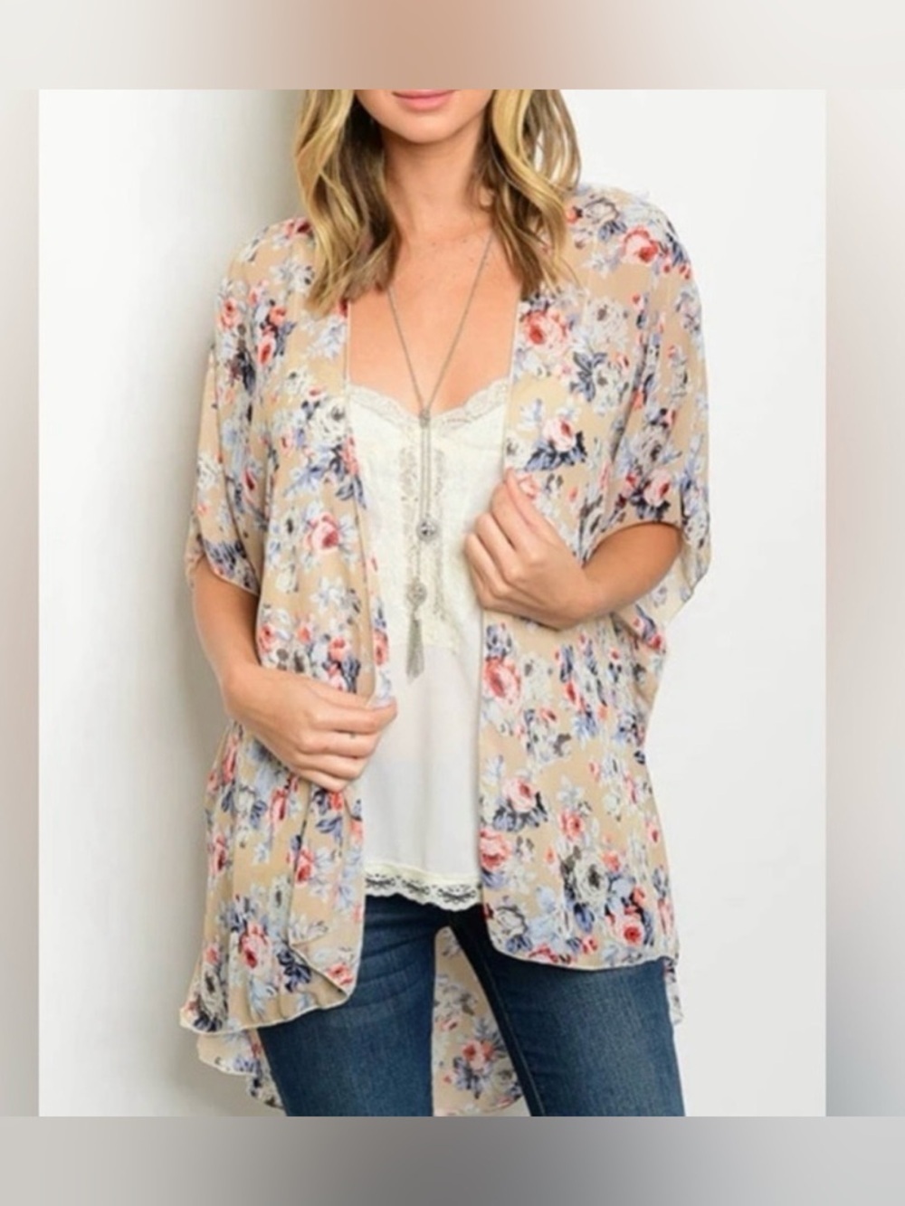 Interi Floral Open-Front Kimono Cardigan in Beige